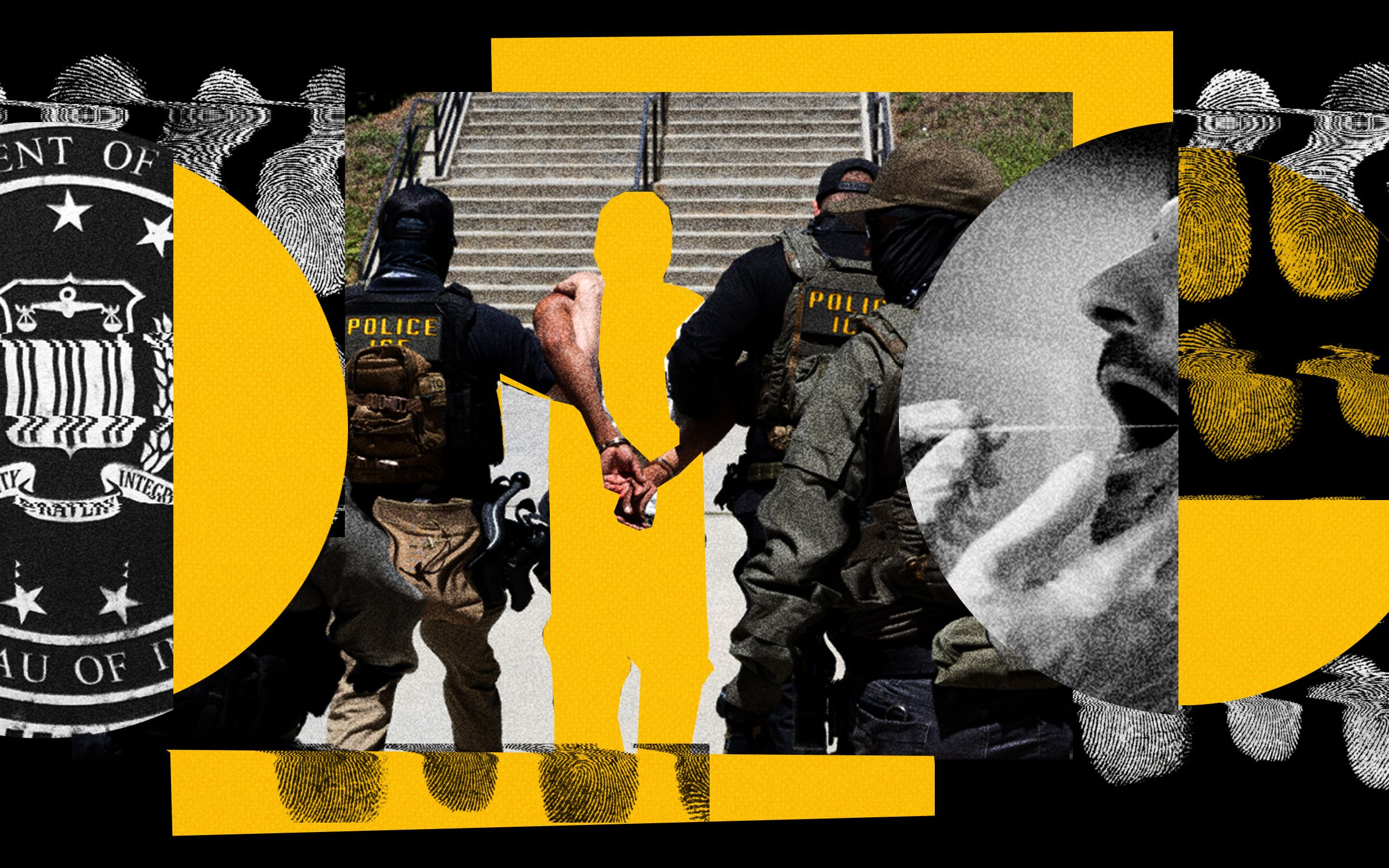 Photo collage with the FBI logo ICE agents taking a man with handcuffs a person being tested with a cotton swab and...
