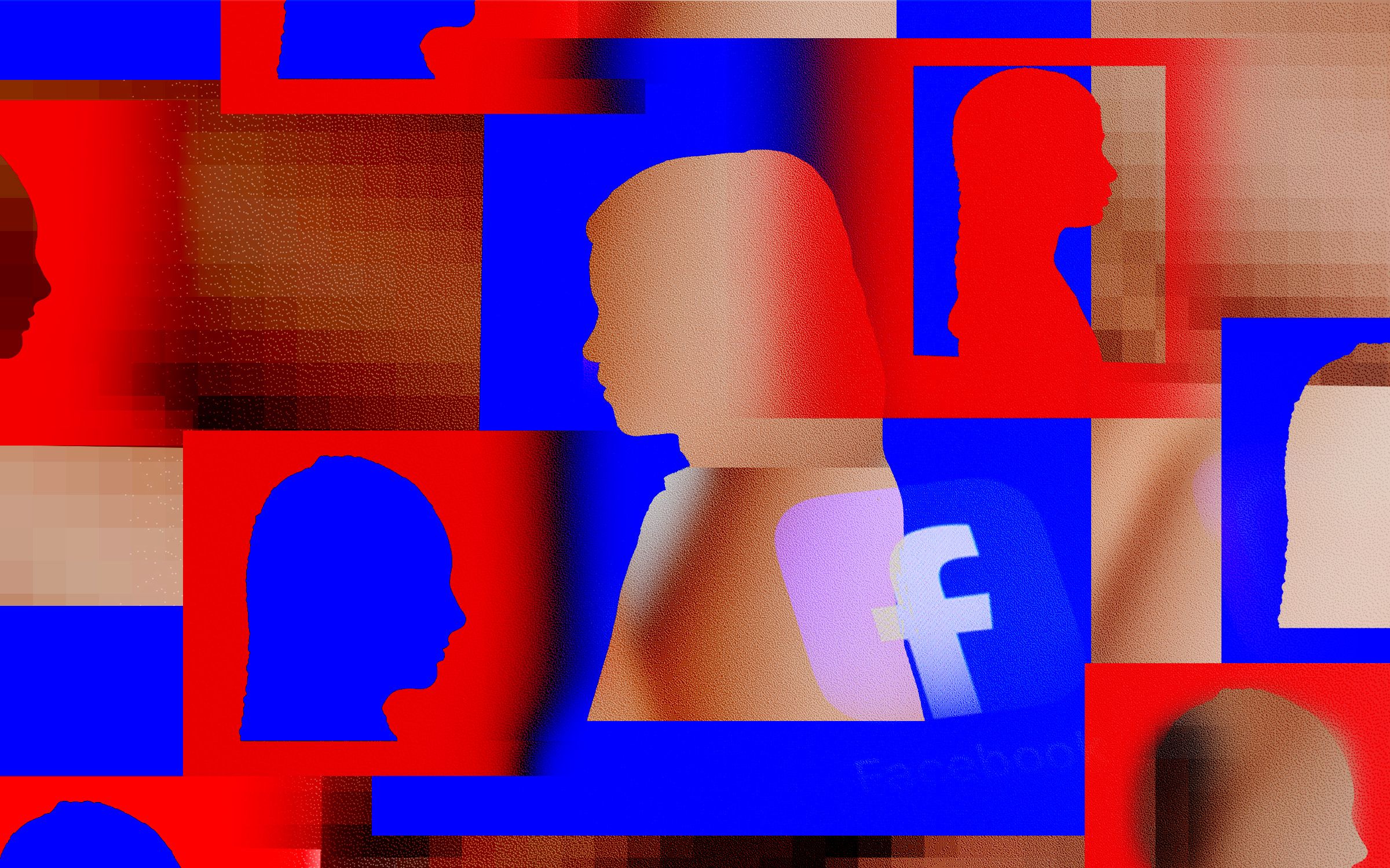 Photo illustration showing multiple silhouettes of young girls inside square frames and pixellated skin and the facebook...