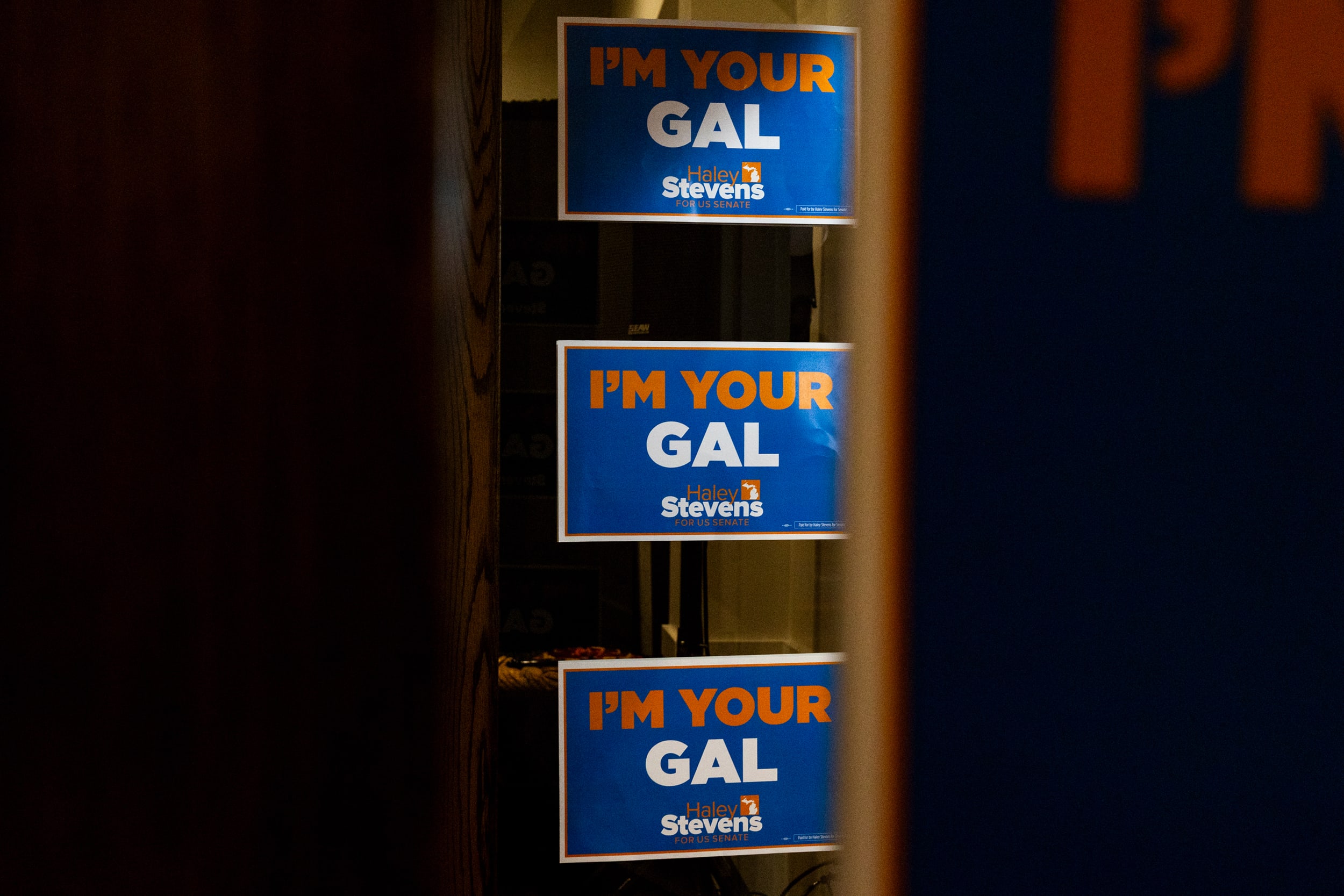 Haley Stevens' campaign signage during a primary election night in Michigan.