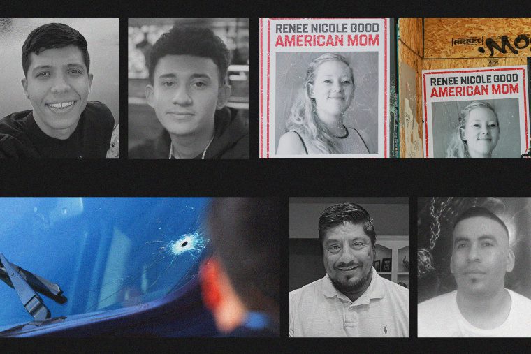 Photos of victims fatally shot by ICE agents; posters of Renee Nicole Good in Minneapolis; a car windshield cracked with a bullet hole.