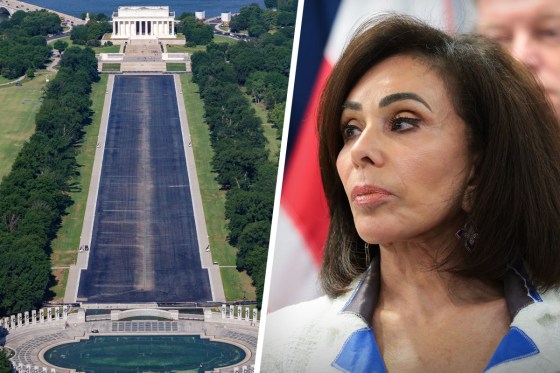 The Lincoln Memorial and the drained reflecting pool; U.S. Attorney Jeanine Pirro announces David Hearn's indictment by a grand jury on July 2.,