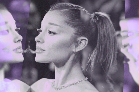 Photo illustration of Ariana Grande, showing blurry reflections of the same photo, overlayed with purple.