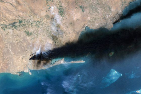 Satellite Imagery Of The Aramco Oil Terminal At Jizan In Saudi Arabia, black smoke can be seen billowing