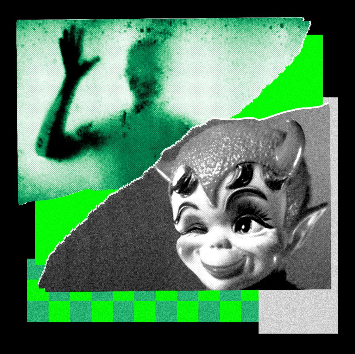 Image may contain Face Head Person Photography Portrait Baby Art Collage Alien and Crowd