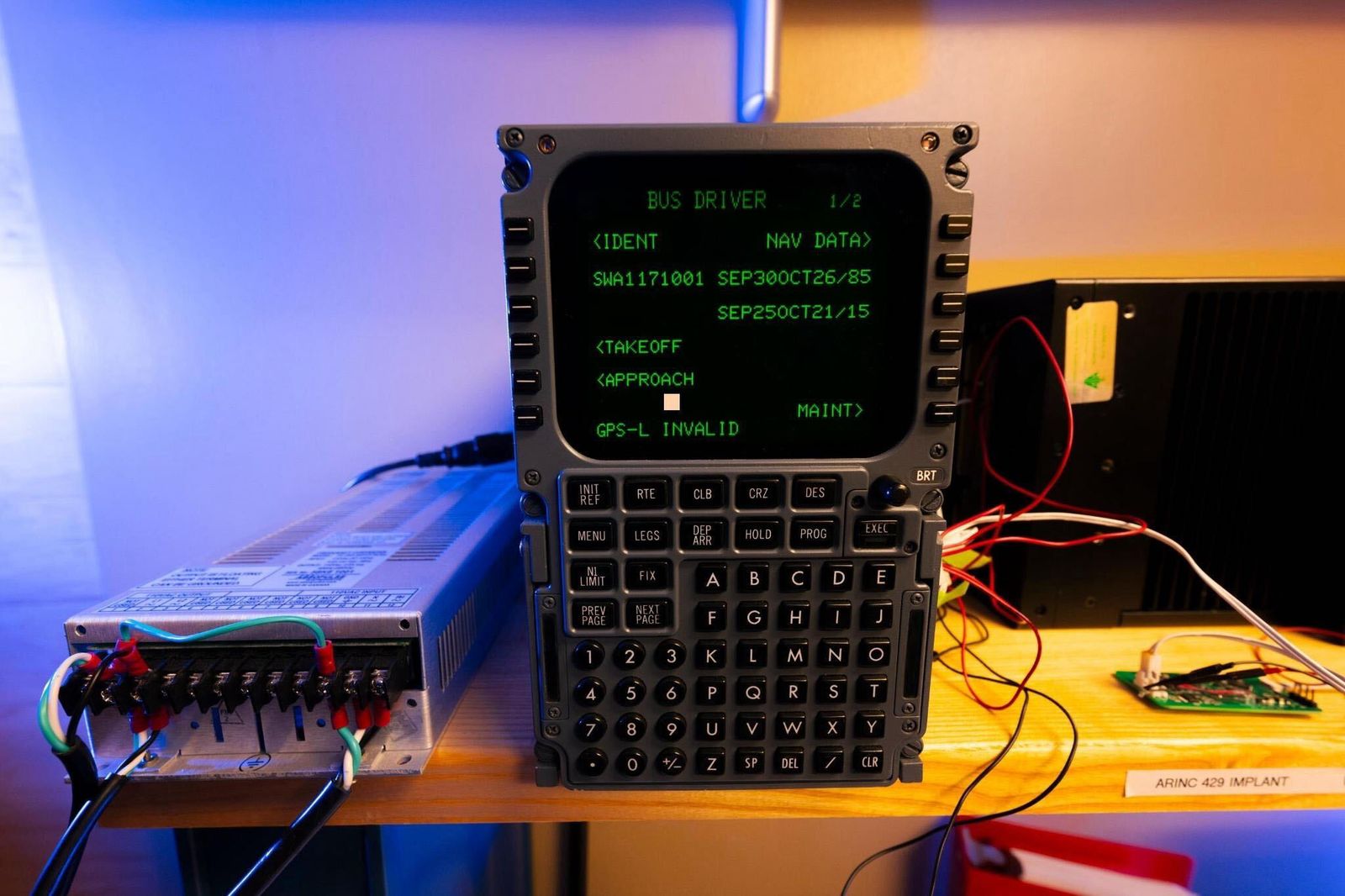 The Flight Management Computer altered to display the name of the researchers' hacking technique Bus Driver.