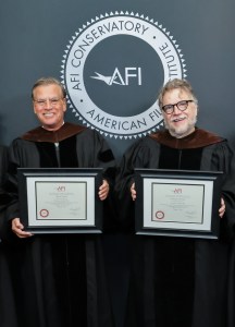 LOS ANGELES, CALIFORNIA - AUGUST 07: (L-R) Aaron Sorkin and Guillermo del Toro attend the 2026 AFI Commencement at TCL Chinese Theatre on August 07, 2026 in Los Angeles, California. (Photo by Rodin Eckenroth/Getty Images for AFI)