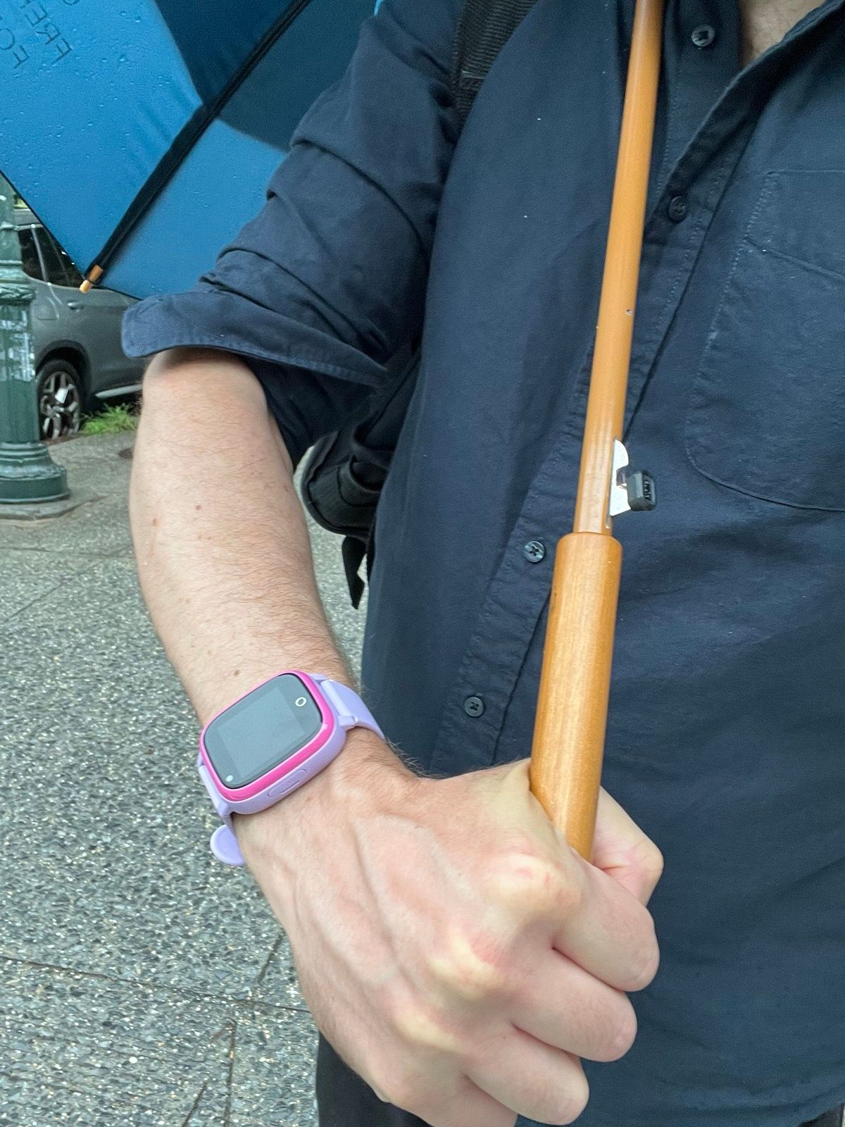 A WIRED reporter wearing the GPSenabled smartwatch while holding an umbrella and walking to the subway earlier this week.