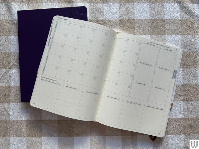 Overhead view of a Roterunner Purpose Planner B5 open on a beige and white checkered cloth with the inner pages showing a calendar and blank spots for notes