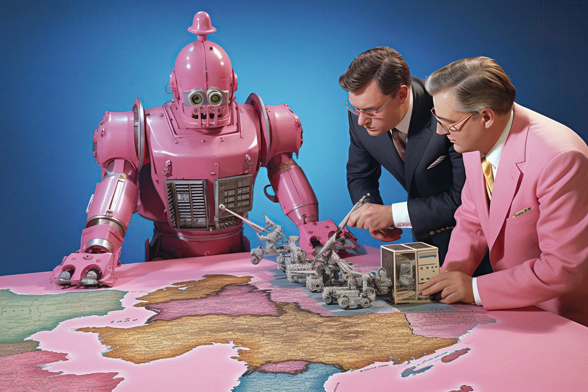 Image of people and robot viewing a world map