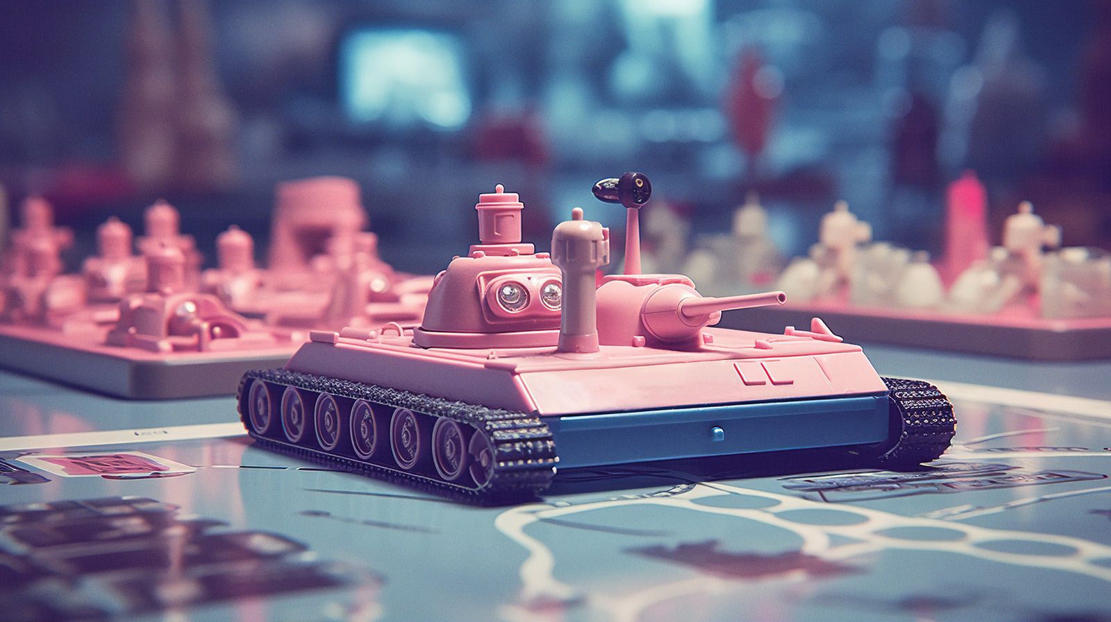 Image of tank rolling over a world map
