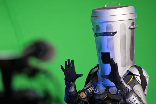 Count Binface is interviewed at a studio in London ahead of the Clacton by-election, Wednesday, July 29, 2026. (AP Photo/Kirsty Wigglesworth)