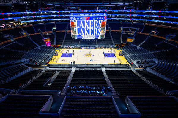 Crypto Arena is viewed before a Los Angeles Lakers NBA basketball game against the Memphis Grizzlies, Jan. 4, 2026, in Los Angeles. (AP Photo/Ethan Swope, File)