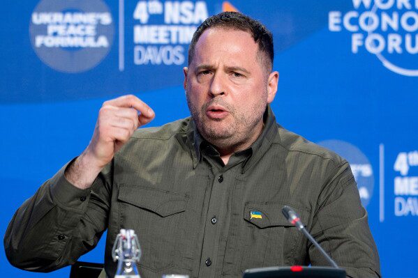 Ukraine's Head of the Office of the President Andrii Yermak speaks at a news conference in Davos, Switzerland, Jan. 14, 2024. (AP Photo/Markus Schreiber, File)