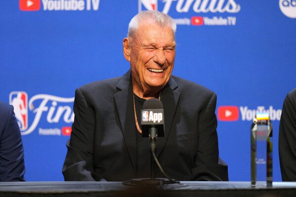 Chuck Daly Lifetime Achievement Award recipient Don Nelson speaks during a press conference before Game 2 of the NBA Finals basketball series against the Oklahoma City Thunder, June 8, 2025, in Oklahoma City. (AP Photo/Kyle Phillips, File)