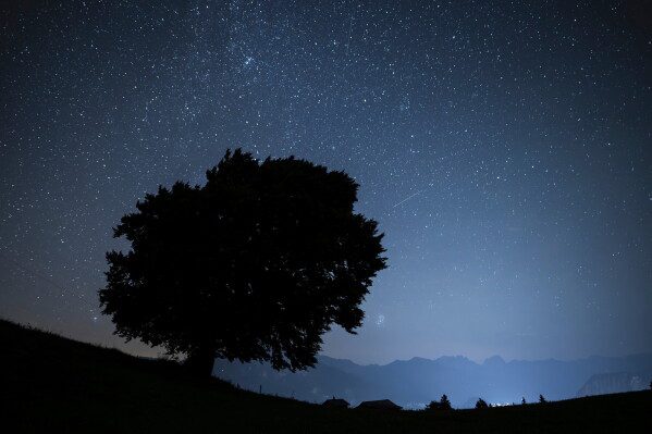 Stars and shooting stars are pictured during the annual perseids meteor shower in St. Margrethenberg, Switzerland Monday, Aug. 12, 2024. (Gian Ehrenzeller/Keystone via AP,File)