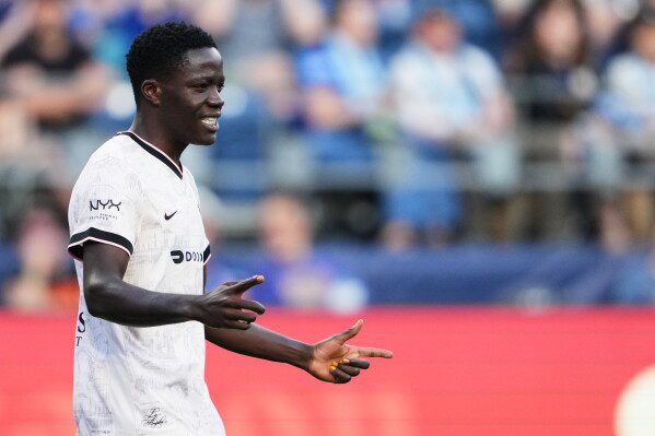 Angel City FC forward Prisca Chilufya celebrates after scoring against Seattle Reign FC during the second half of an NWSL soccer match, Sunday, Aug. 9, 2026, in Seattle. (AP Photo/Lindsey Wasson)